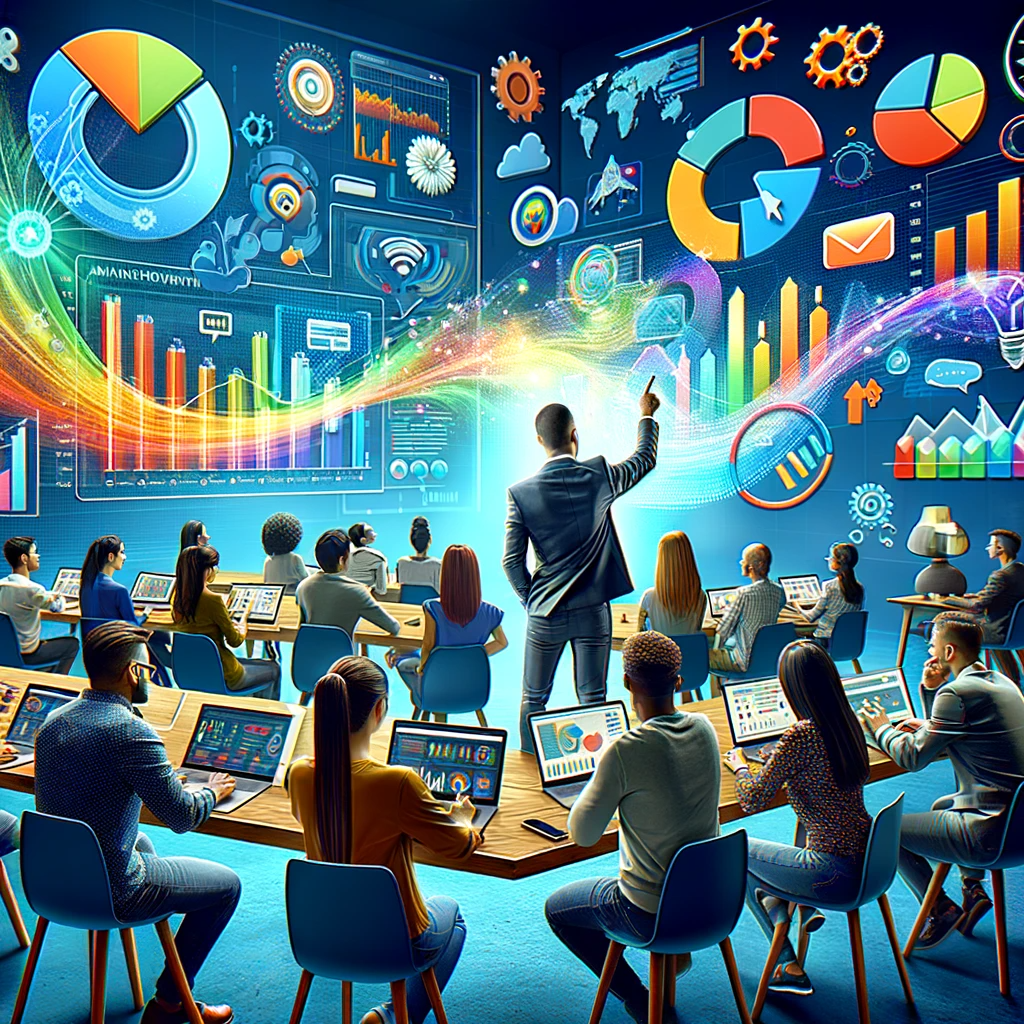 DALL·E 2024-01-28 19.30.30 - Imagine a vibrant, engaging workspace filled with digital marketing profe